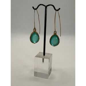 Vintage Gold Tone Teardrop Drop Earrings with Aqua Green Cabochon Accents